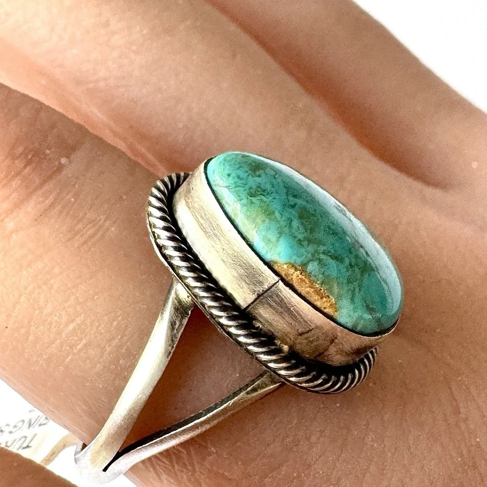Navajo Turquoise Ring Sz 7.5 Signed Skeets Sterling‎ Native American Handmade